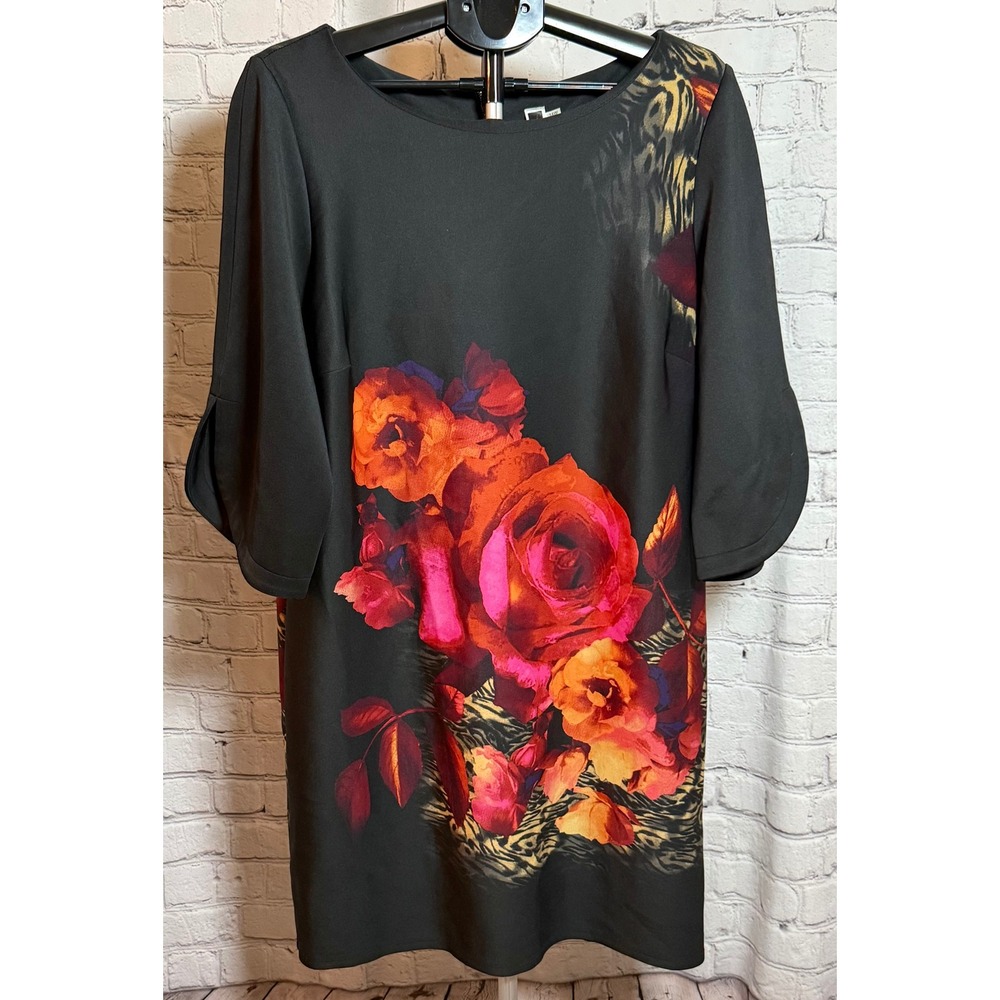 Julian Taylor Floral Leopard Print Sheath Dress 14W Black 3/4 Bell Sleeve Zip